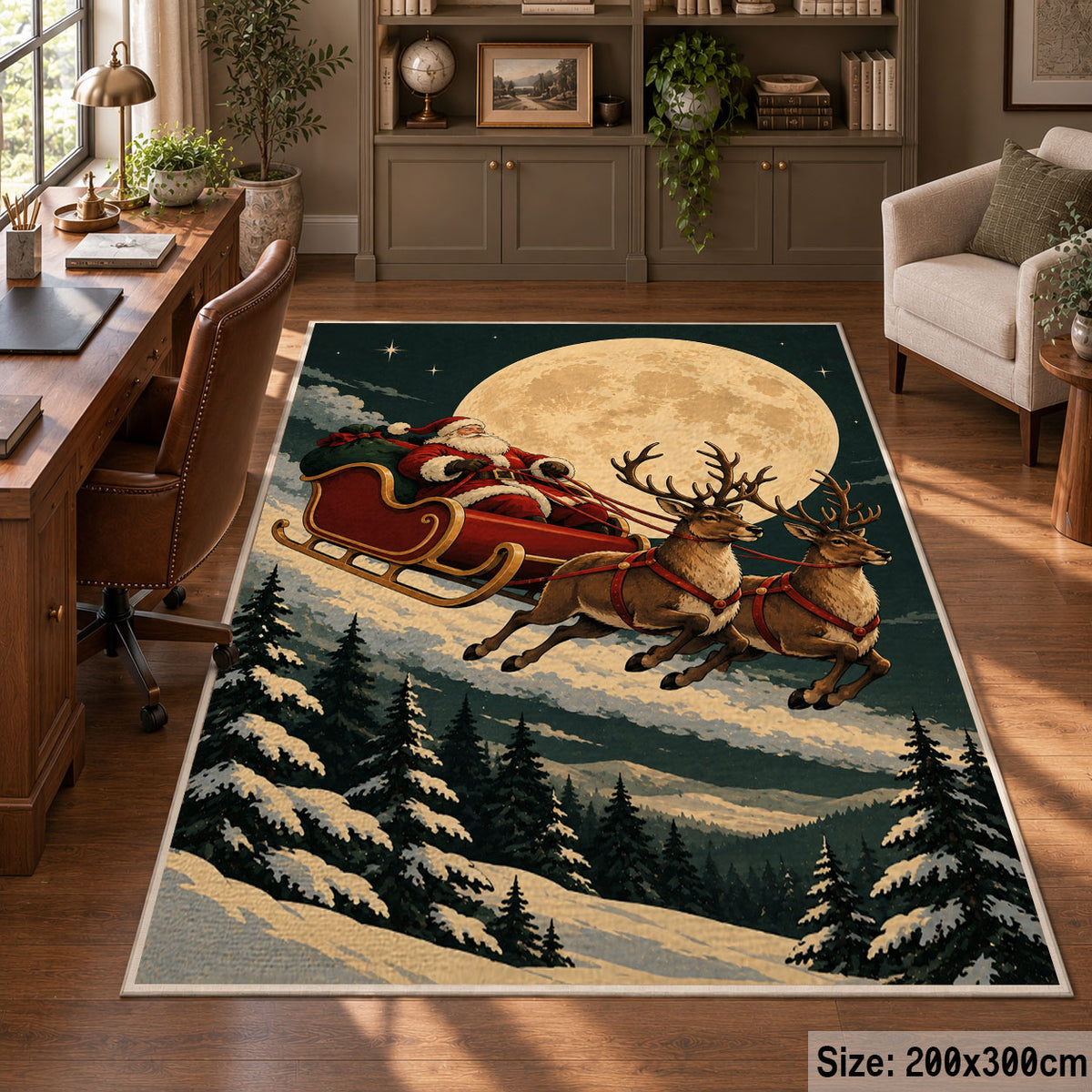 Moonlit reindeer sleigh over a snowy forest Christmas area rug, view 5