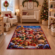 a cheerful snowman family gathered around a glowing Christmas tree and wrapped gifts Christmas area rug, room view 10