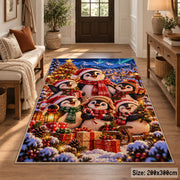 a cheerful snowman family gathered around a glowing Christmas tree and wrapped gifts Christmas area rug, room view 2