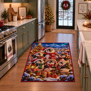 a cheerful snowman family gathered around a glowing Christmas tree and wrapped gifts Christmas area rug, room view 3