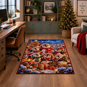 a cheerful snowman family gathered around a glowing Christmas tree and wrapped gifts Christmas area rug, room view 4