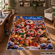 a cheerful snowman family gathered around a glowing Christmas tree and wrapped gifts Christmas area rug, room view 5