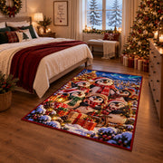 a cheerful snowman family gathered around a glowing Christmas tree and wrapped gifts Christmas area rug, room view 6