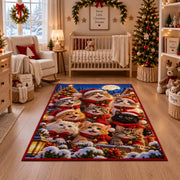 a group of playful puppies in winter scarves and Santa hats beside a snowy village and Christmas tree Christmas area rug, room view 10