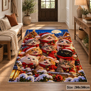a group of playful puppies in winter scarves and Santa hats beside a snowy village and Christmas tree Christmas area rug, room view 2