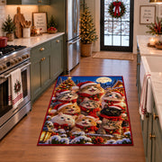 a group of playful puppies in winter scarves and Santa hats beside a snowy village and Christmas tree Christmas area rug, room view 3