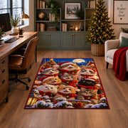 a group of playful puppies in winter scarves and Santa hats beside a snowy village and Christmas tree Christmas area rug, room view 4