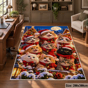 a group of playful puppies in winter scarves and Santa hats beside a snowy village and Christmas tree Christmas area rug, room view 5