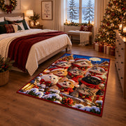 a group of playful puppies in winter scarves and Santa hats beside a snowy village and Christmas tree Christmas area rug, room view 6