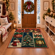 a patchwork of a decorated Christmas tree, snowman, lantern, bells, ornaments and winter greenery Christmas area rug, room view 1