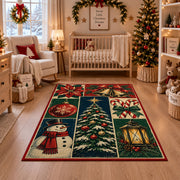 a patchwork of a decorated Christmas tree, snowman, lantern, bells, ornaments and winter greenery Christmas area rug, room view 10