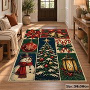 a patchwork of a decorated Christmas tree, snowman, lantern, bells, ornaments and winter greenery Christmas area rug, room view 2