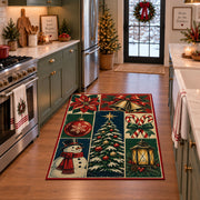 a patchwork of a decorated Christmas tree, snowman, lantern, bells, ornaments and winter greenery Christmas area rug, room view 3