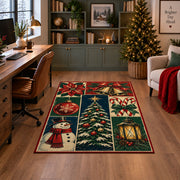 a patchwork of a decorated Christmas tree, snowman, lantern, bells, ornaments and winter greenery Christmas area rug, room view 4