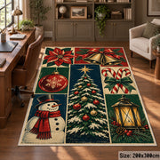 a patchwork of a decorated Christmas tree, snowman, lantern, bells, ornaments and winter greenery Christmas area rug, room view 5