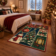 a patchwork of a decorated Christmas tree, snowman, lantern, bells, ornaments and winter greenery Christmas area rug, room view 6