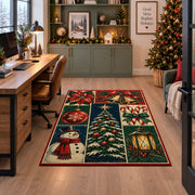 a patchwork of a decorated Christmas tree, snowman, lantern, bells, ornaments and winter greenery Christmas area rug, room view 7