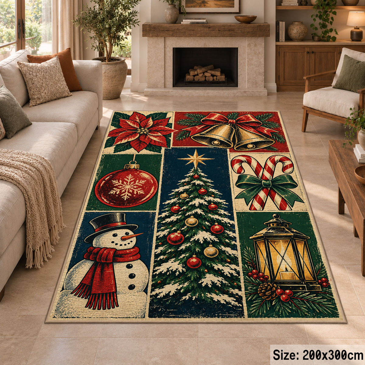 a patchwork of a decorated Christmas tree, snowman, lantern, bells, ornaments and winter greenery Christmas area rug, room view 8