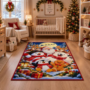Santa with a cheerful snowman, penguin, bear and gingerbread friend among wrapped gifts Christmas area rug, room view 10