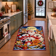 Santa with a cheerful snowman, penguin, bear and gingerbread friend among wrapped gifts Christmas area rug, room view 3