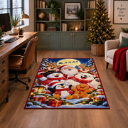 Santa with a cheerful snowman, penguin, bear and gingerbread friend among wrapped gifts Christmas area rug, room view 4