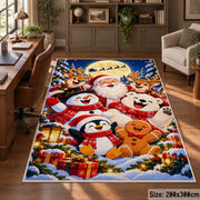Santa with a cheerful snowman, penguin, bear and gingerbread friend among wrapped gifts Christmas area rug, room view 5