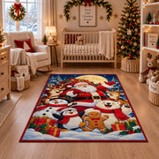 Santa with a penguin, snowman, bear and gingerbread friend in a snowy celebration Christmas area rug, room view 10