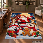 Santa with a penguin, snowman, bear and gingerbread friend in a snowy celebration Christmas area rug, room view 5