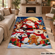 Santa with a penguin, snowman, bear and gingerbread friend in a snowy celebration Christmas area rug, room view 8