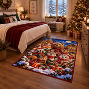 a group of woodland animals in winter scarves beside a Christmas tree and colorful presents Christmas area rug, room view 6