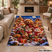 a group of woodland animals in winter scarves beside a Christmas tree and colorful presents Christmas area rug, room view 8