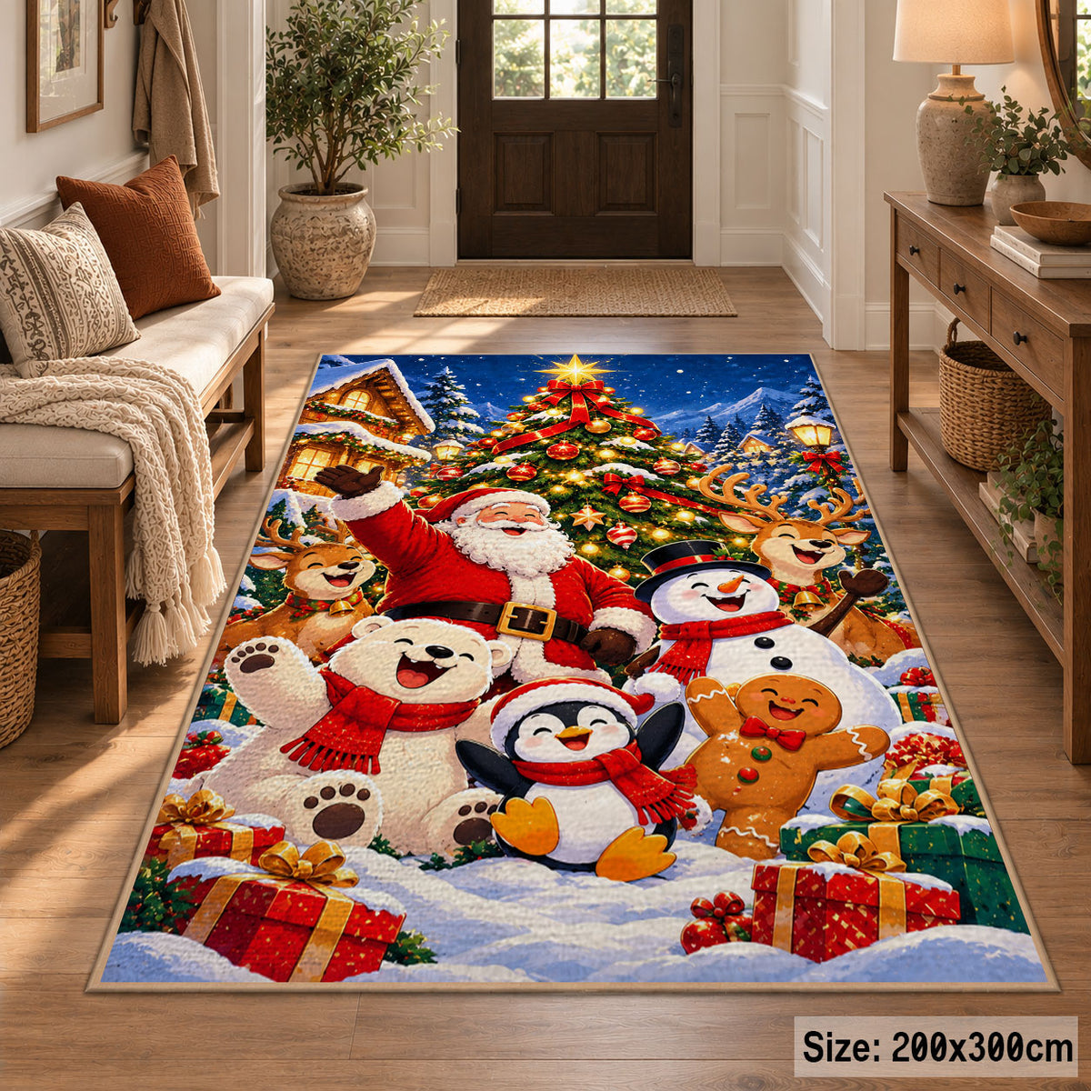 Santa and smiling winter friends beside a decorated Christmas tree and gifts Christmas area rug, room view 2