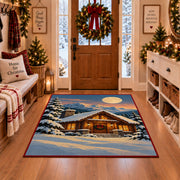 a warmly lit log cabin beneath a full moon in a peaceful snowy evergreen forest Christmas area rug, room view 1