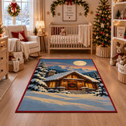 a warmly lit log cabin beneath a full moon in a peaceful snowy evergreen forest Christmas area rug, room view 10