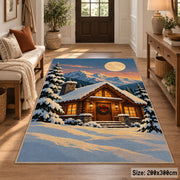 a warmly lit log cabin beneath a full moon in a peaceful snowy evergreen forest Christmas area rug, room view 2
