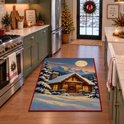 a warmly lit log cabin beneath a full moon in a peaceful snowy evergreen forest Christmas area rug, room view 3
