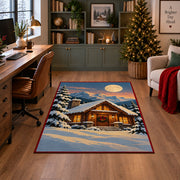 a warmly lit log cabin beneath a full moon in a peaceful snowy evergreen forest Christmas area rug, room view 4