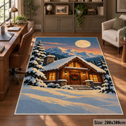 a warmly lit log cabin beneath a full moon in a peaceful snowy evergreen forest Christmas area rug, room view 5