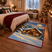 a warmly lit log cabin beneath a full moon in a peaceful snowy evergreen forest Christmas area rug, room view 6