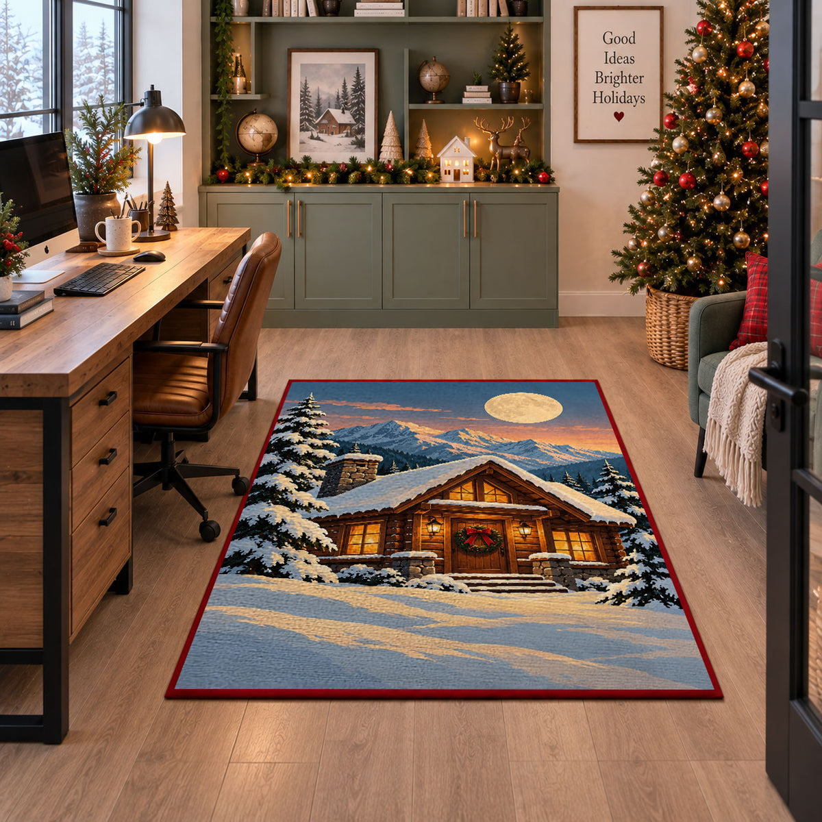 a warmly lit log cabin beneath a full moon in a peaceful snowy evergreen forest Christmas area rug, room view 7