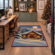 a warmly lit log cabin beneath a full moon in a peaceful snowy evergreen forest Christmas area rug, room view 7