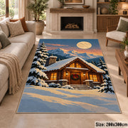 a warmly lit log cabin beneath a full moon in a peaceful snowy evergreen forest Christmas area rug, room view 8