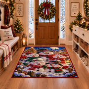 a happy snowman family in colorful scarves gathered beside a Christmas tree in a snowy village Christmas area rug, room view 1