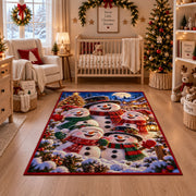 a happy snowman family in colorful scarves gathered beside a Christmas tree in a snowy village Christmas area rug, room view 10