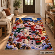 a happy snowman family in colorful scarves gathered beside a Christmas tree in a snowy village Christmas area rug, room view 2