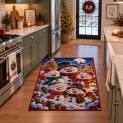a happy snowman family in colorful scarves gathered beside a Christmas tree in a snowy village Christmas area rug, room view 3