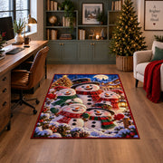 a happy snowman family in colorful scarves gathered beside a Christmas tree in a snowy village Christmas area rug, room view 4