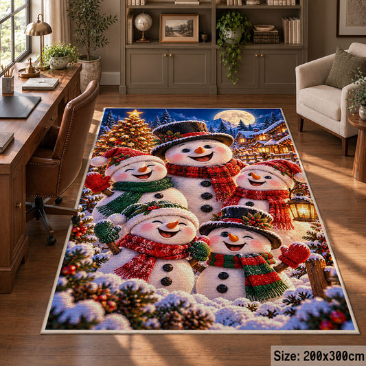 a happy snowman family in colorful scarves gathered beside a Christmas tree in a snowy village Christmas area rug, room view 5