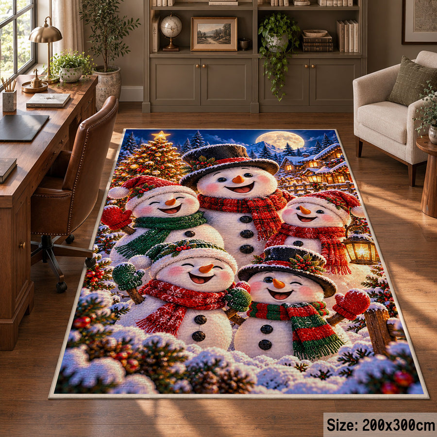 a happy snowman family in colorful scarves gathered beside a Christmas tree in a snowy village Christmas area rug, room view 5