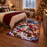 a happy snowman family in colorful scarves gathered beside a Christmas tree in a snowy village Christmas area rug, room view 6